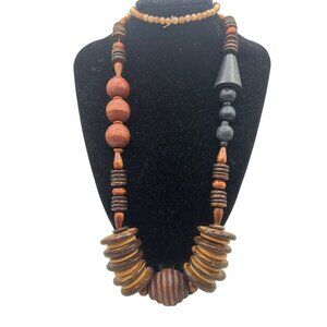 Chunky 27" Boho Wood Coconut Shell Statement Necklace Tribal Throw Over Festival